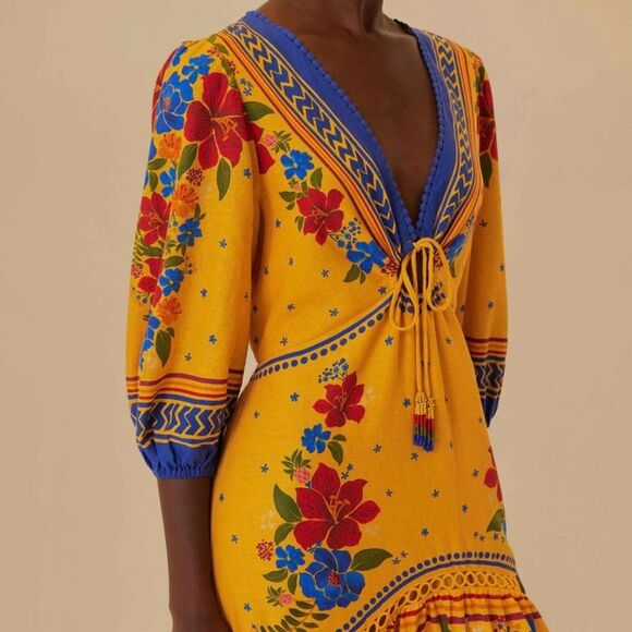 NEW FARM Rio Floral Yard Yellow Maxi Dress Embroidered Eyelet Beaded Tassel XS/S - Picture 4 of 16